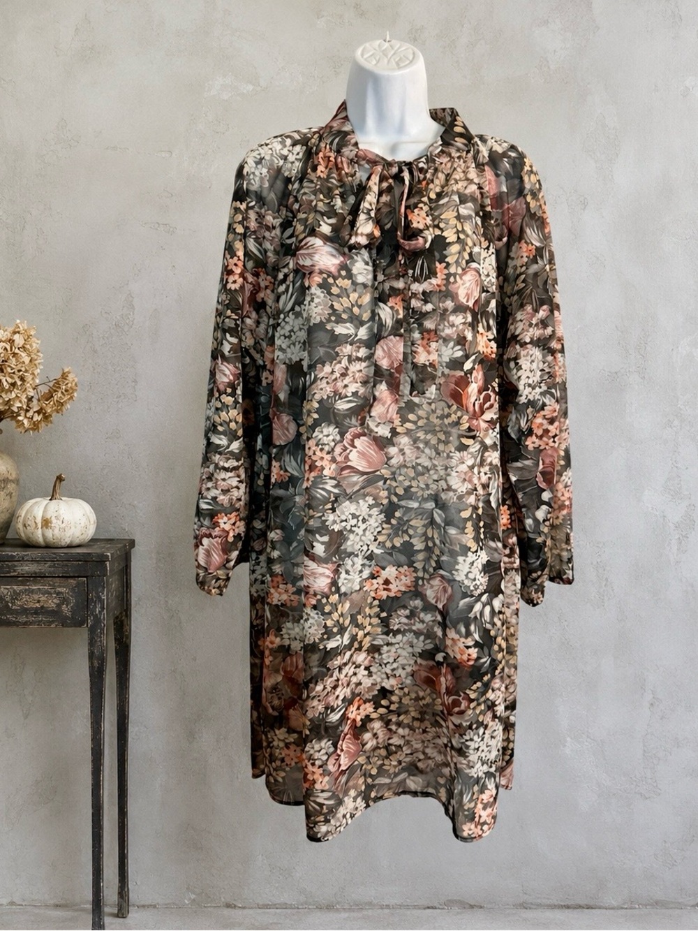 Vintage Semi Sheer Chiffon Moody Floral Tie Neck Dress Gothic L